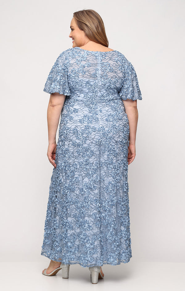 Sky Blue V-Neck Floor-Length Lace Formal Flutter Sleeve Gown Alex Evenings 84122821
