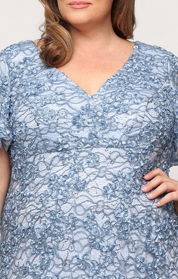Sky Blue V-Neck Floor-Length Lace Formal Flutter Sleeve Gown Alex Evenings 84122821