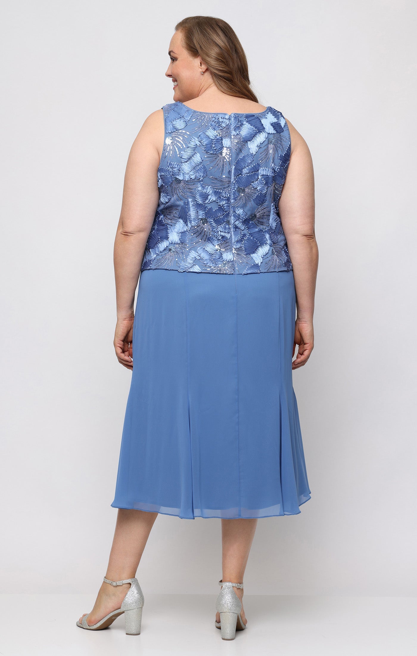 Brush Periwinkle Scoop Neck Midi Chiffon Cocktail Dress Jacket Alex Evenings 84122839