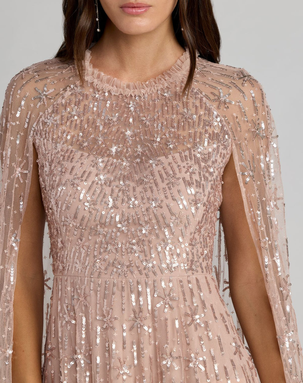 Rose Crew Neck Floor-Length Sequin Evening Gown with Cape Sleeves Mac Duggal 8415