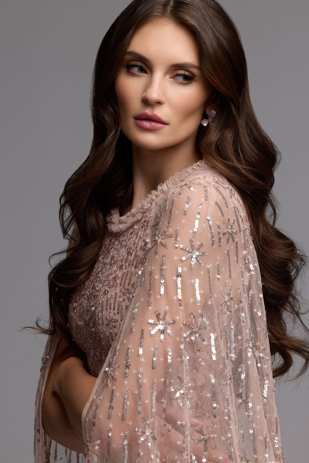Rose Crew Neck Floor-Length Sequin Evening Gown with Cape Sleeves Mac Duggal 8415