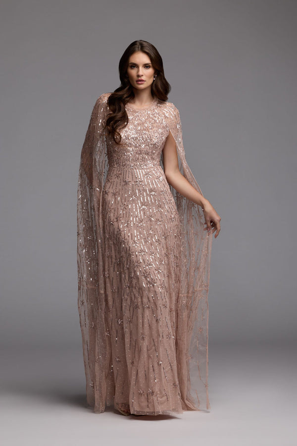 Crew Neck Floor-Length Sequin Evening Gown with Cape Sleeves Mac Duggal 8415