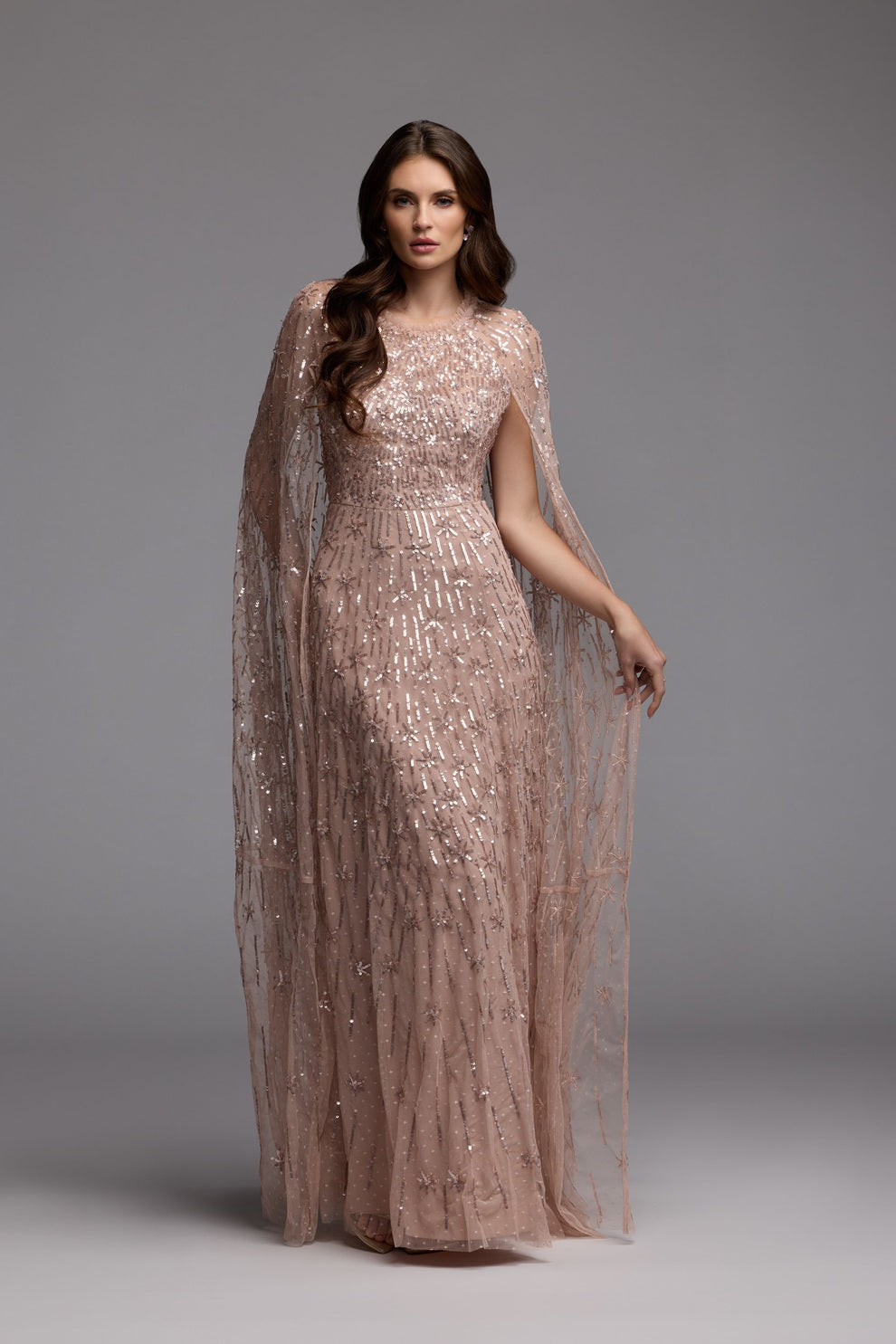 Rose Crew Neck Floor-Length Sequin Evening Gown with Cape Sleeves Mac Duggal 8415