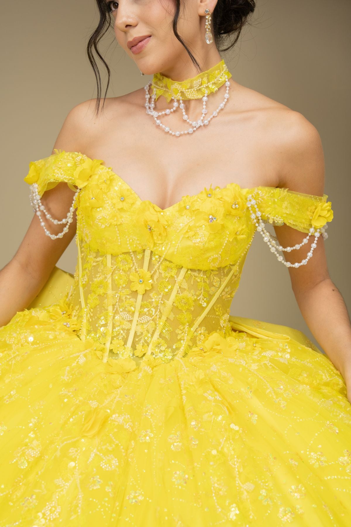Quinceniera Dresses Ball Gown Long 3D Floral Applique Glitter Quinceanera Dress Cinderella Couture 8415JQ Yellow