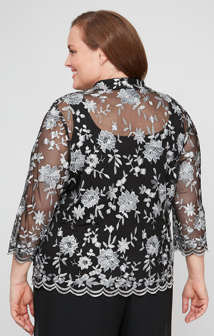 Black Silver Scoop-Neck Waist-Length Embroidered Lace Chiffon Evening Twinset with 3/4 Sleeves Plus Size Top Alex Evenings 84171649