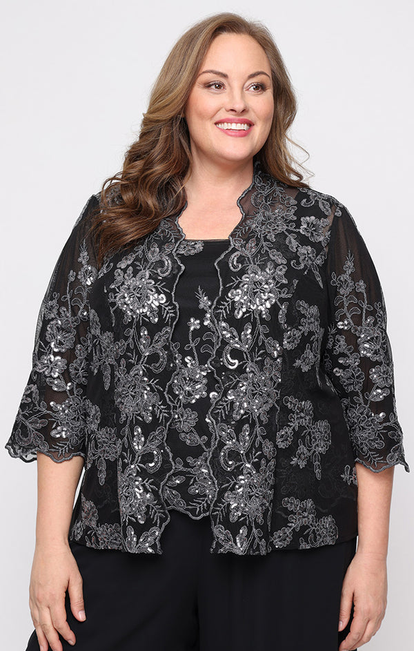Black/Grey Scoop Neck Mesh Formal Floral Top Alex Evenings 84171867
