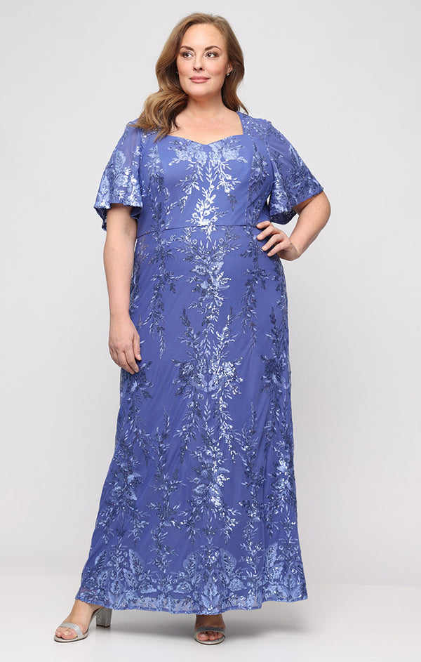 Cornflower Sweetheart Floor-Length Sequin Mesh Formal Flutter Sleeve Gown Alex Evenings 84171920