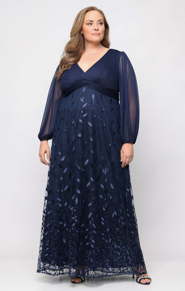 Navy V-Neck Floor-Length Mesh Formal Dress Sequin Alex Evenings 84171947