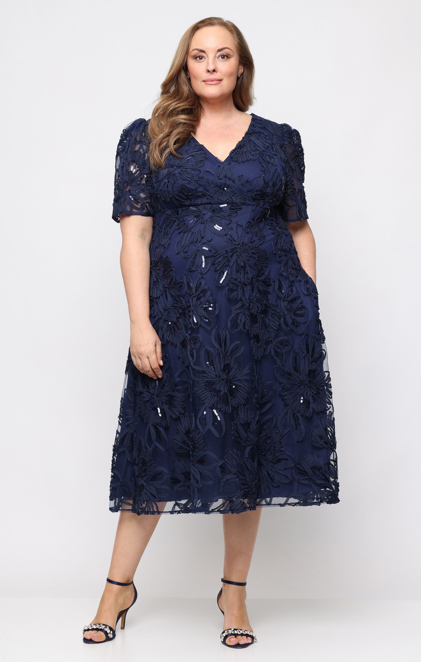 V-Neck Tea-Length Mesh Formal A-Line Dress Alex Evenings 84171983