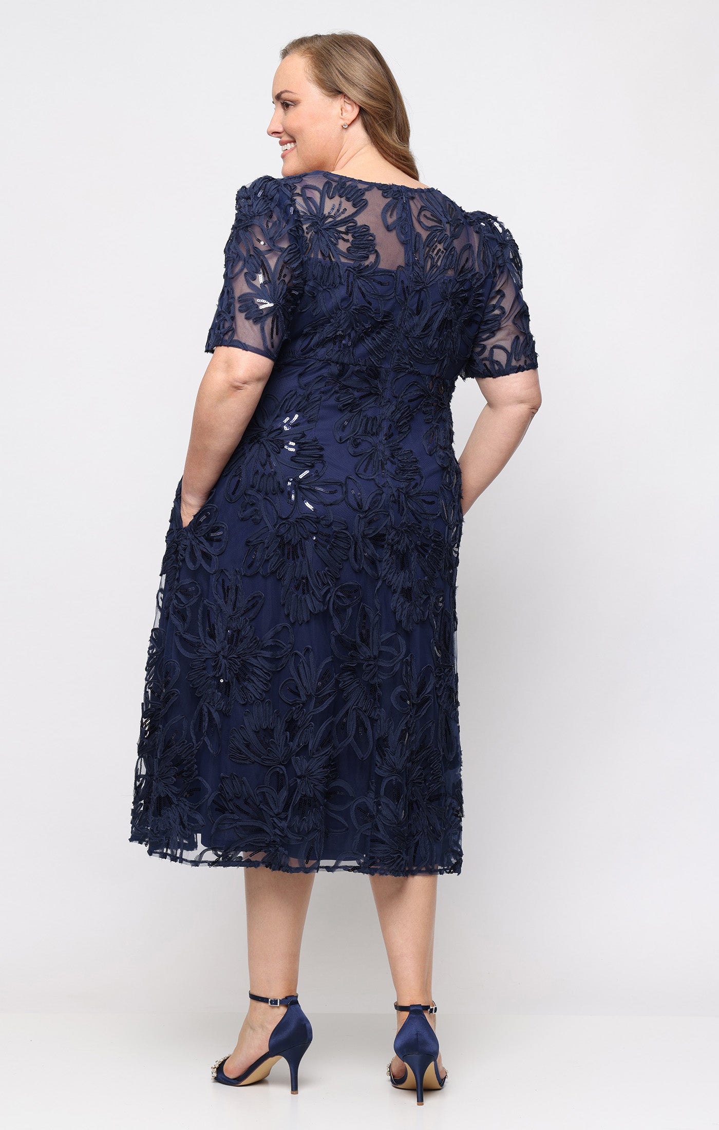 V-Neck Tea-Length Mesh Formal A-Line Dress Alex Evenings 84171983