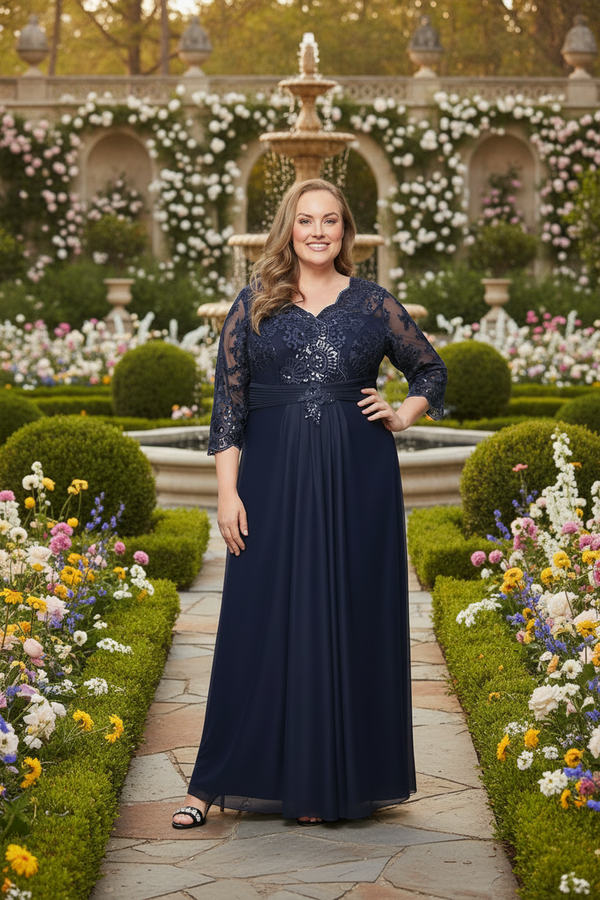Navy V-Neck Floor-Length Chiffon Evening Sequin Dress Alex Evenings 84171993