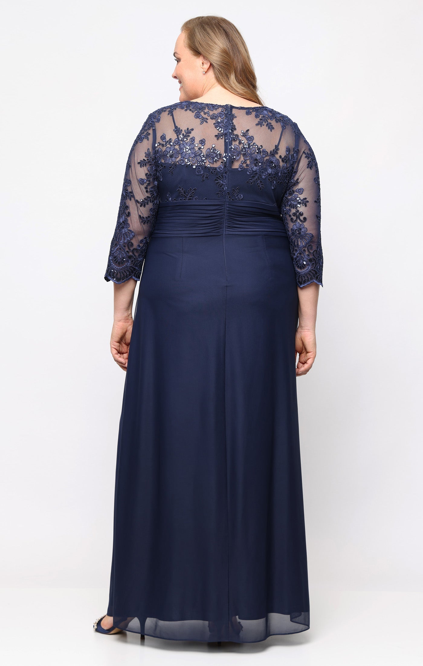 Navy V-Neck Floor-Length Chiffon Evening Sequin Dress Alex Evenings 84171993