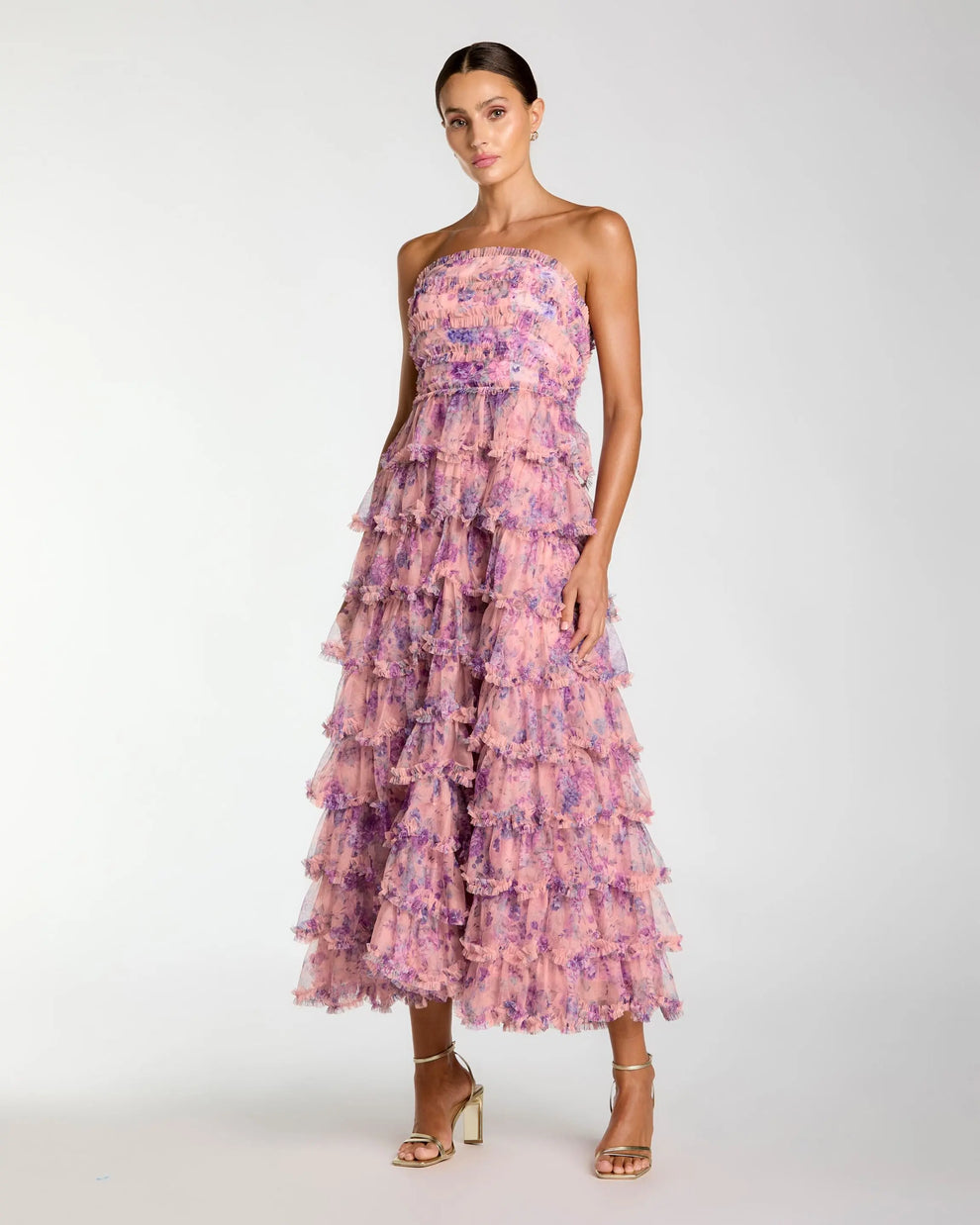 Strapless Midi Tulle Cocktail Dress by Mac Duggal 8420 in Orchid Multi