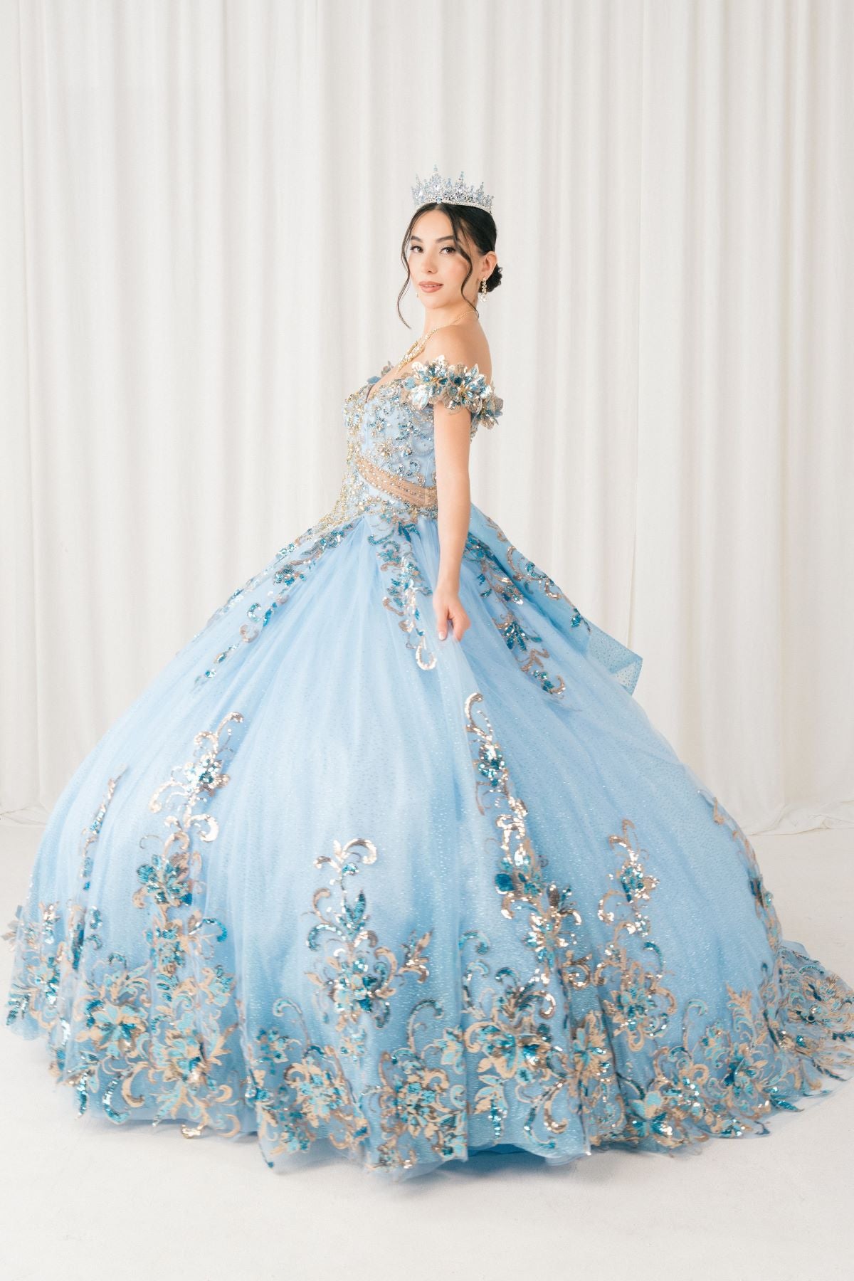 Quinceniera Dresses Long Floral Applique Ball Gown Quinceanera Dress Cinderella Couture 8420JQ Blue