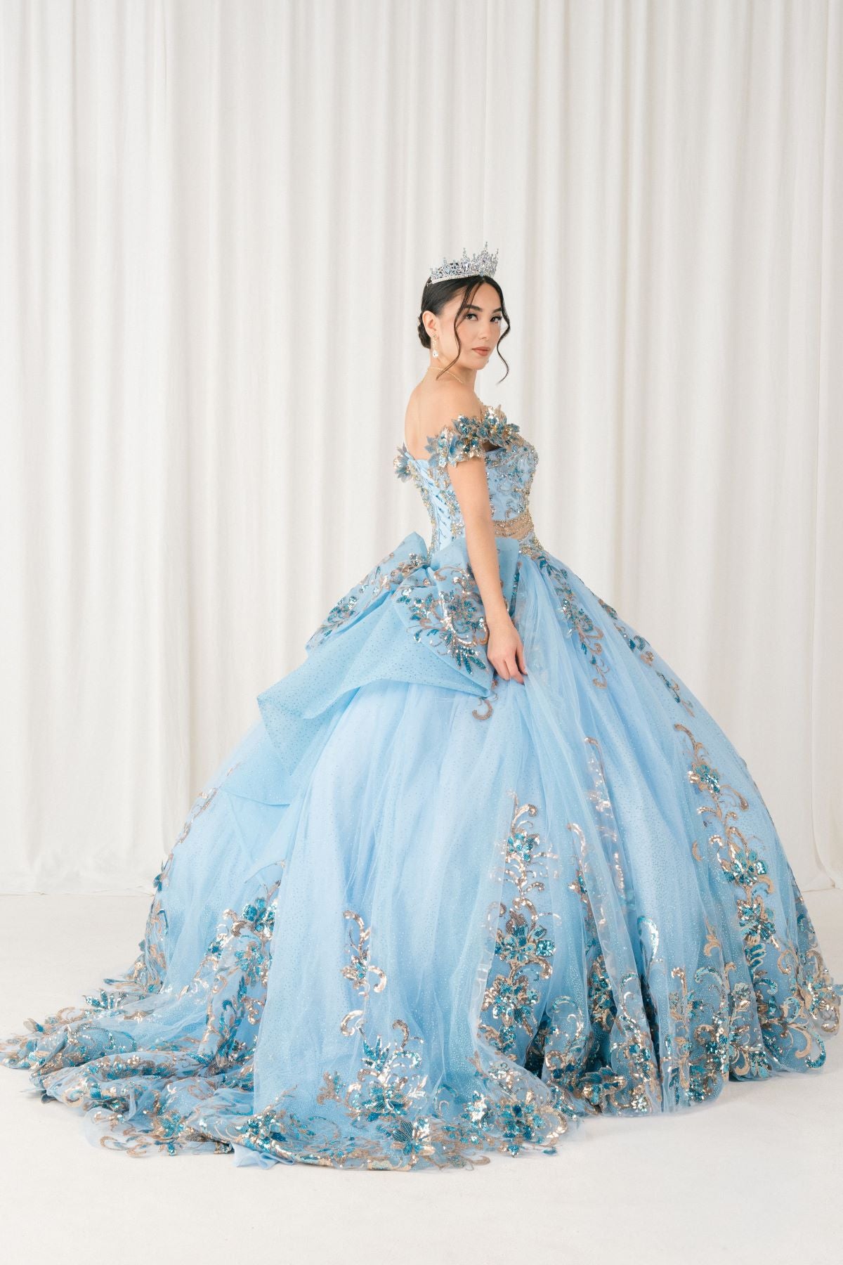 Quinceniera Dresses Long Floral Applique Ball Gown Quinceanera Dress Cinderella Couture 8420JQ Blue