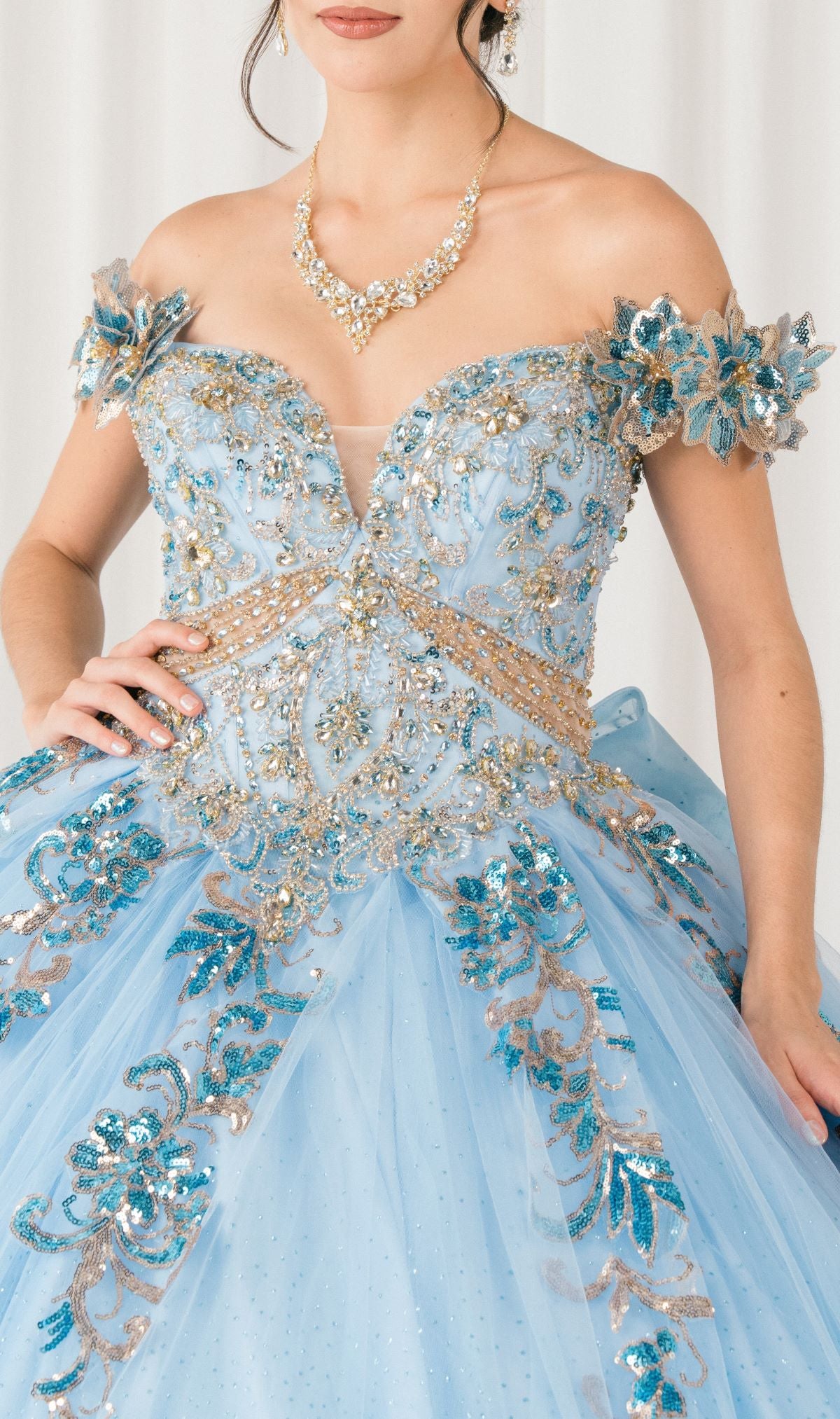 Quinceniera Dresses Long Floral Applique Ball Gown Quinceanera Dress Cinderella Couture 8420JQ Blue