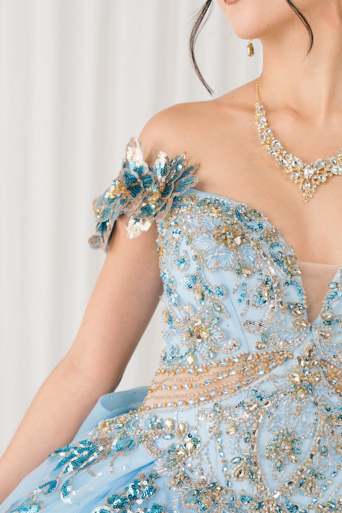 Quinceniera Dresses Long Floral Applique Ball Gown Quinceanera Dress Cinderella Couture 8420JQ Blue
