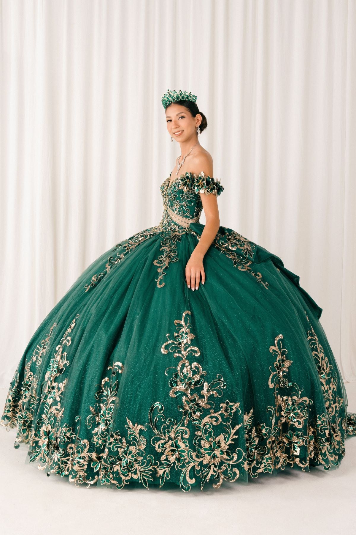 Quinceniera Dresses Long Floral Applique Ball Gown Quinceanera Dress Cinderella Couture 8420JQ Hunter Green