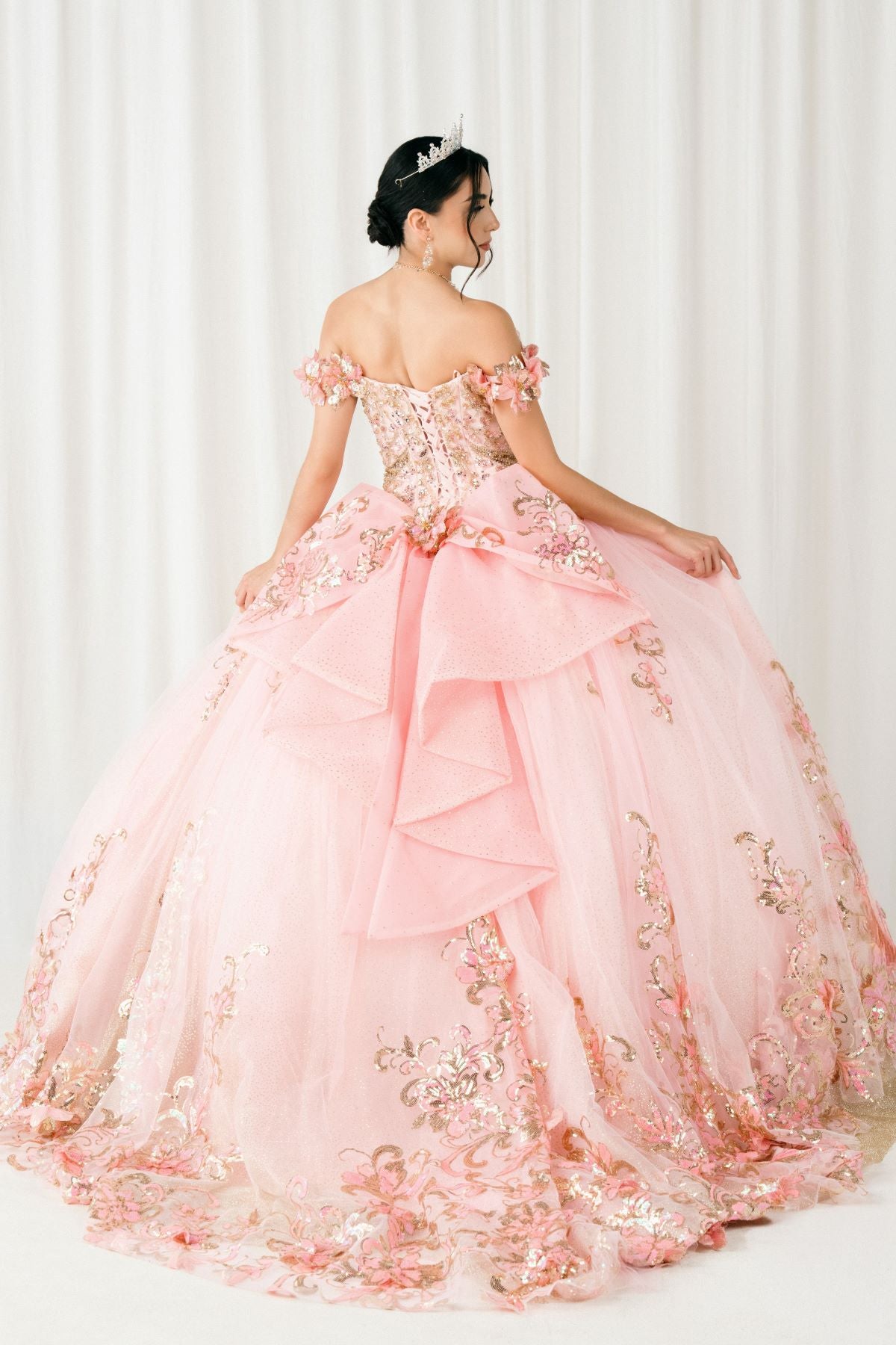 Quinceniera Dresses Long Floral Applique Ball Gown Quinceanera Dress Cinderella Couture 8420JQ Pink