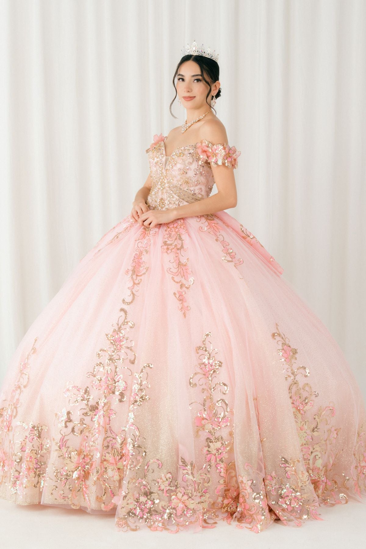 Quinceniera Dresses Long Floral Applique Ball Gown Quinceanera Dress Cinderella Couture 8420JQ Pink