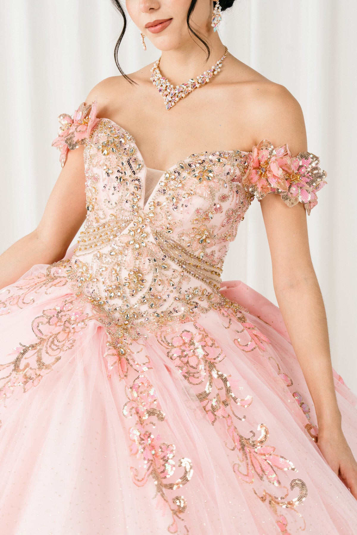 Quinceniera Dresses Long Floral Applique Ball Gown Quinceanera Dress Cinderella Couture 8420JQ Pink