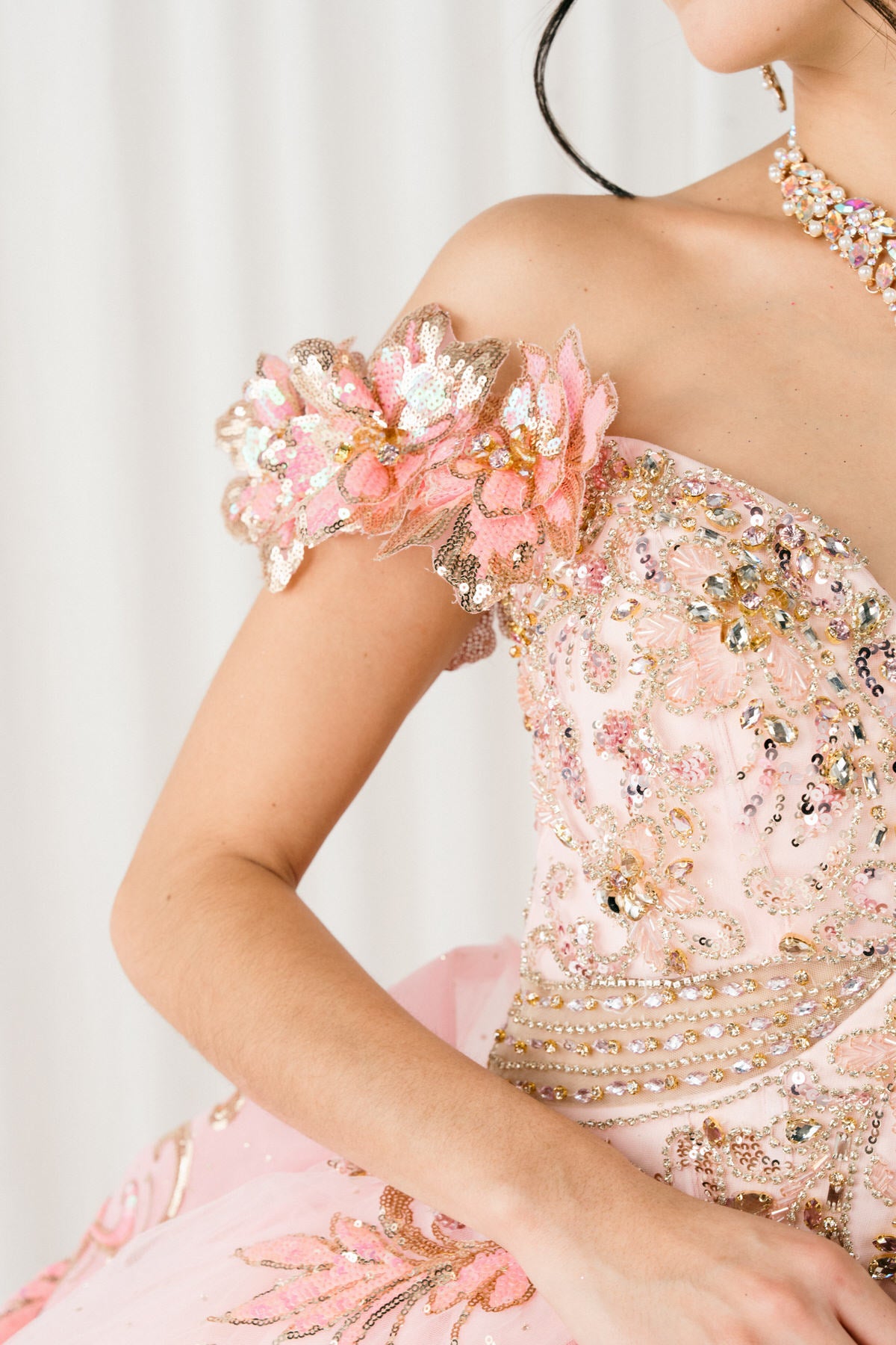 Quinceniera Dresses Long Floral Applique Ball Gown Quinceanera Dress Cinderella Couture 8420JQ Pink