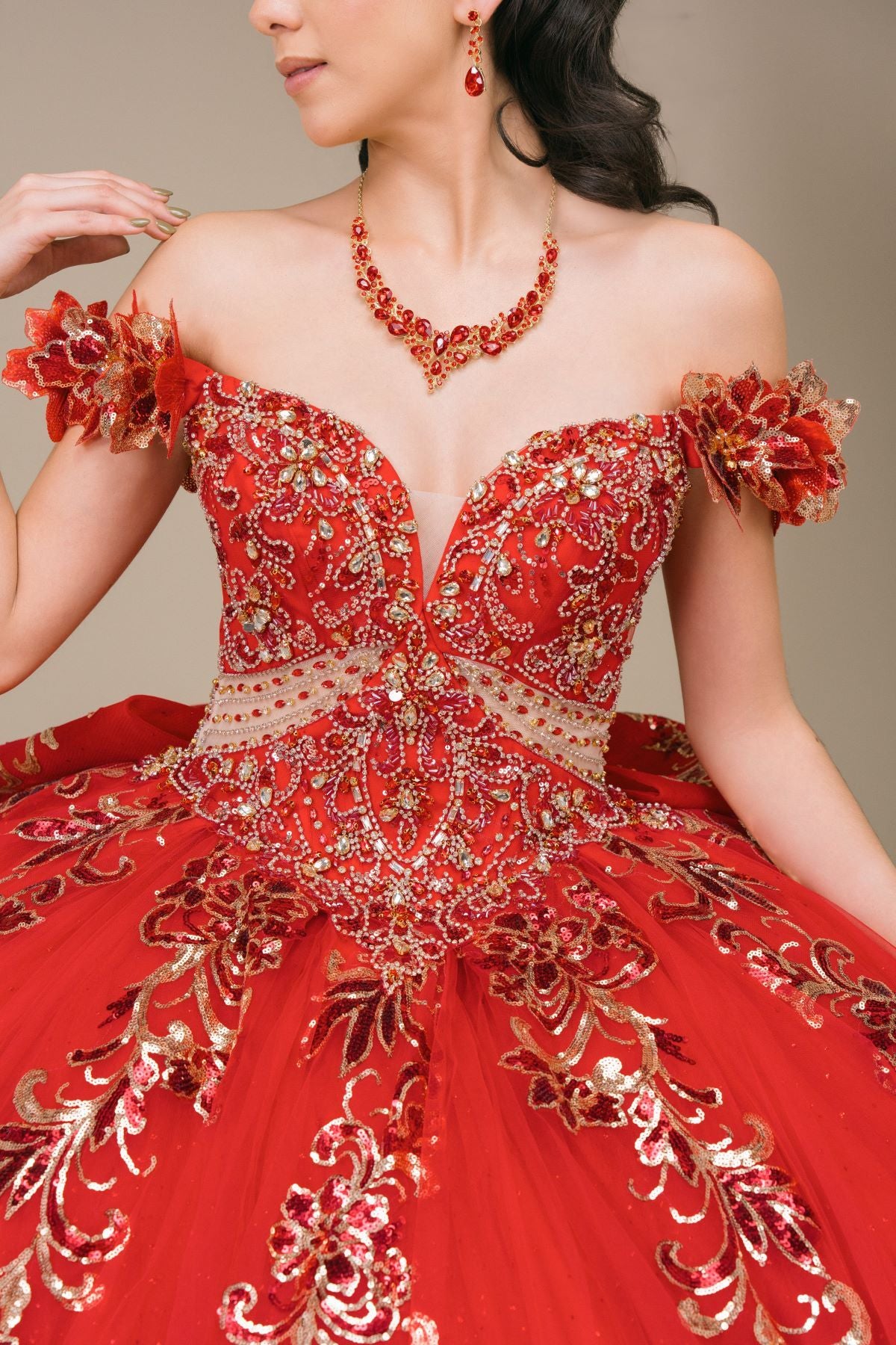 Quinceniera Dresses Long Floral Applique Ball Gown Quinceanera Dress Cinderella Couture 8420JQ Red