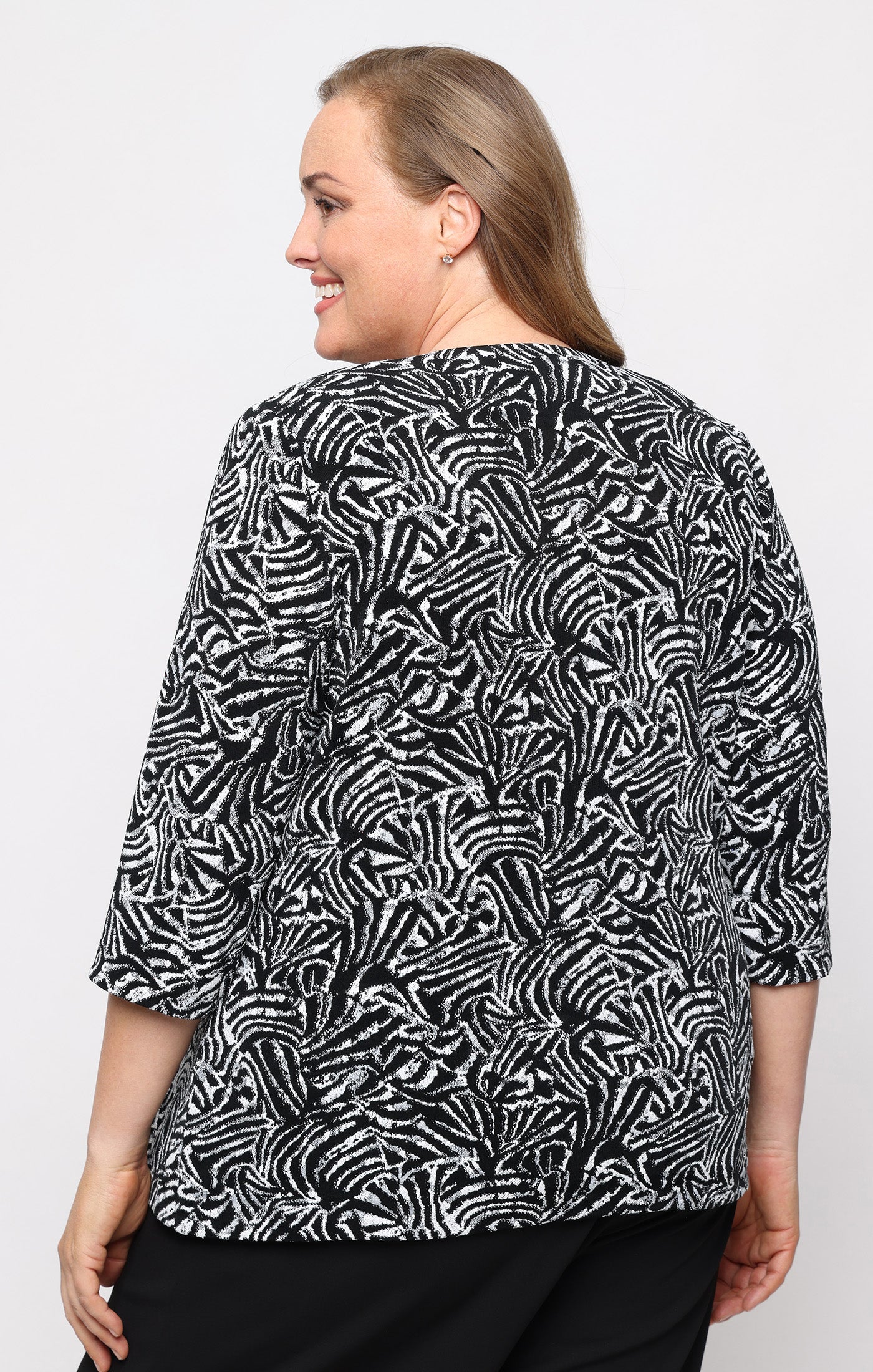 Black/White Scoop Neck Knit Formal Top 3/4 Sleeve Alex Evenings 84211647