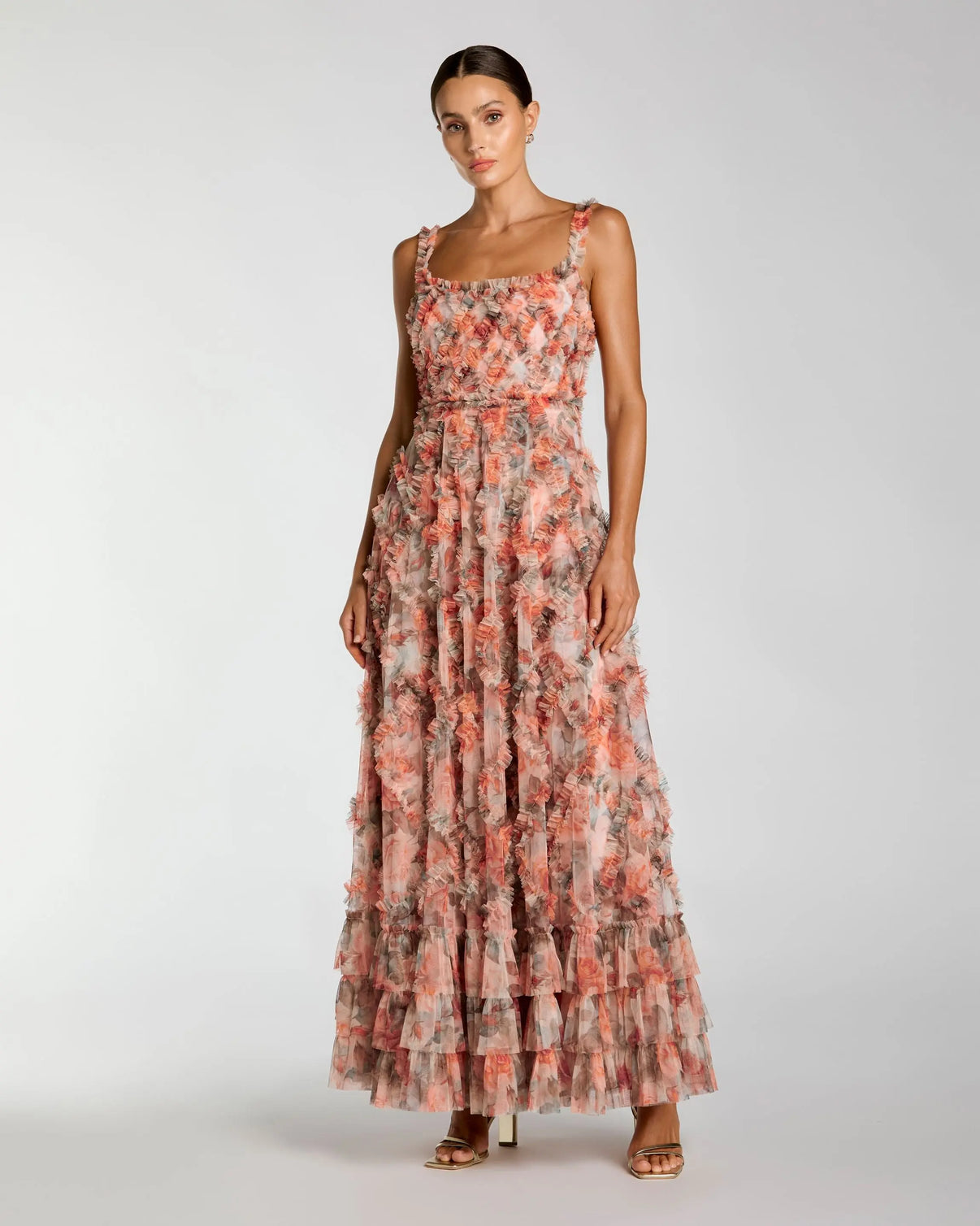 Square Neck Long Floral Tulle Formal Dress by Mac Duggal 8424 in Cream Multi