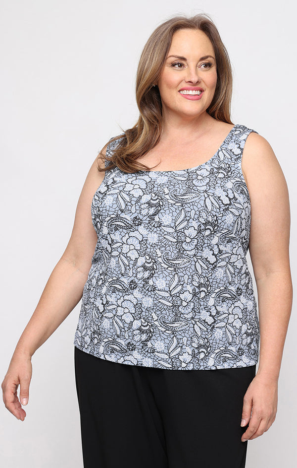 Hydrangea Mandarin Collar Two-Piece Lace Twinset with Tank and Jacket Alex Evenings 8425958