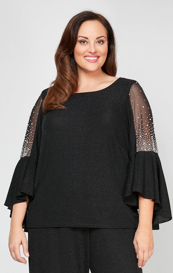 Bateau Metallic Knit Hip Length Formal Top with Sheer Beaded Bell Sleeves Plus Size Alex Evenings 8427523