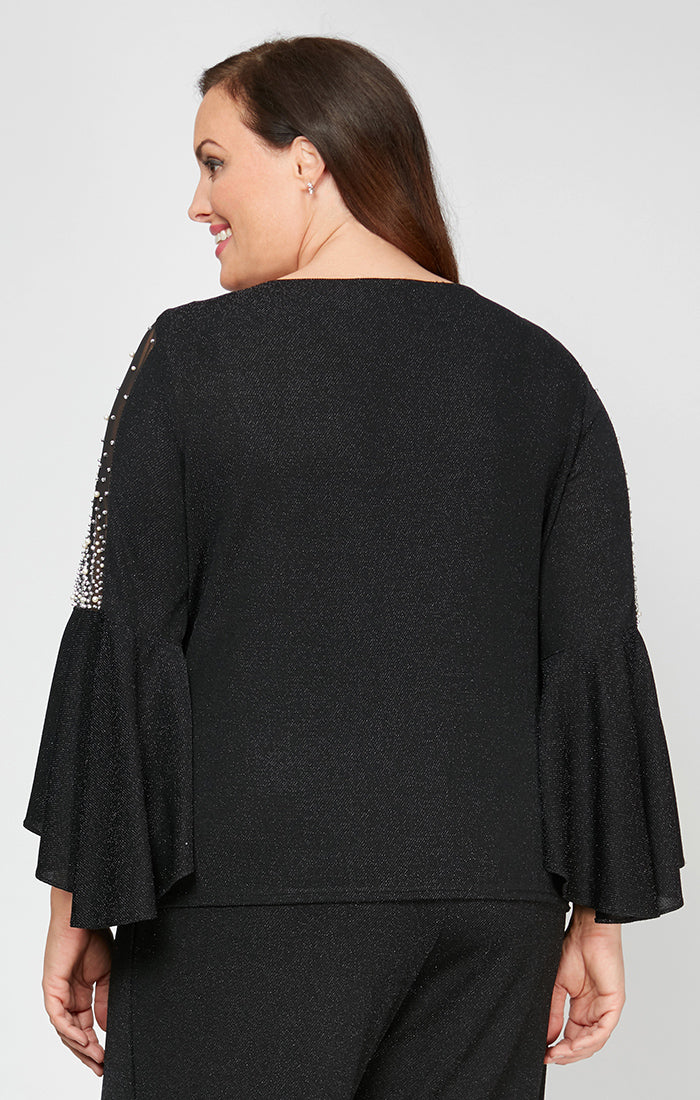 Black Bateau Metallic Knit Hip Length Formal Top with Sheer Beaded Bell Sleeves Plus Size Alex Evenings 8427523