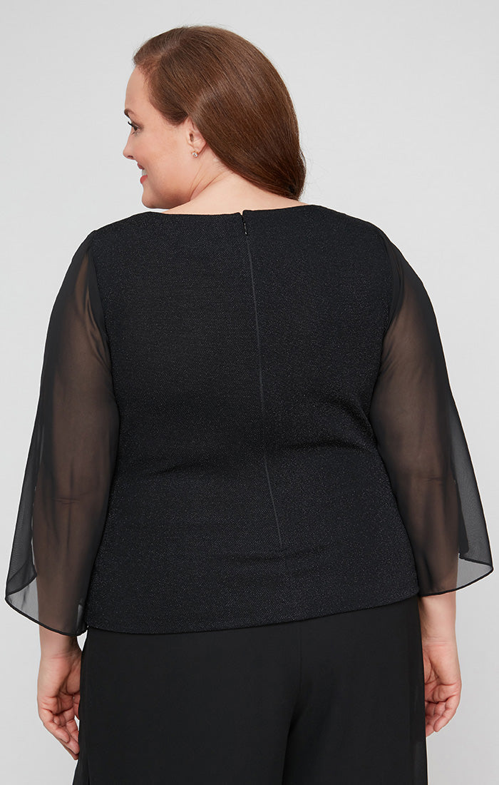 Black Boat-Neck Full-Length Metallic Knit Evening Top with Split Sleeves Plus Size Alex Evenings 8427777