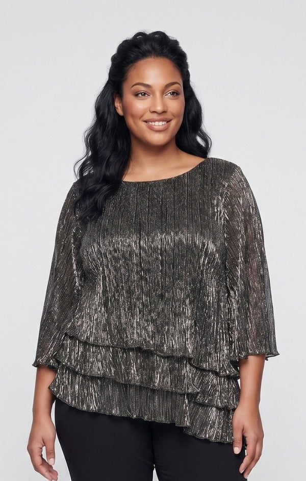 Gunmetal Scoop Neck Hip Length Metallic Formal Top Ruffle Alex Evenings 8427817