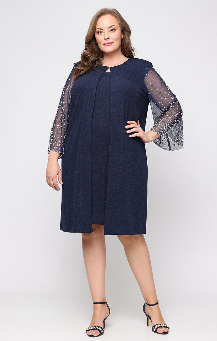 Plus Size Formal Dresses Short Cocktail Metallic Knee Length Plus Size Dress Dark Navy