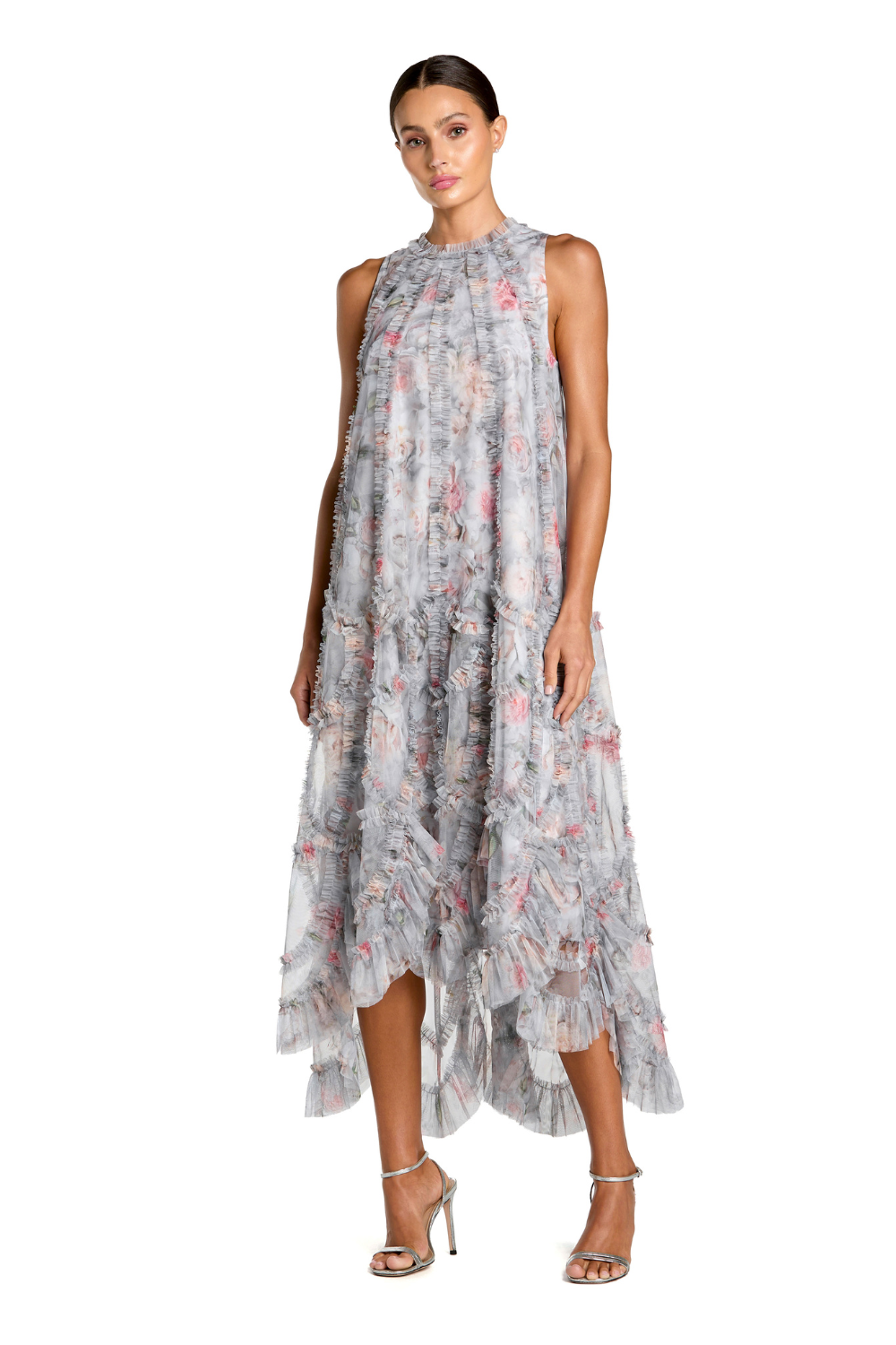 Pearl Grey High-Neck High-Low Tulle Cocktail Dress with Ruffled Floral Print Mac Duggal 8430