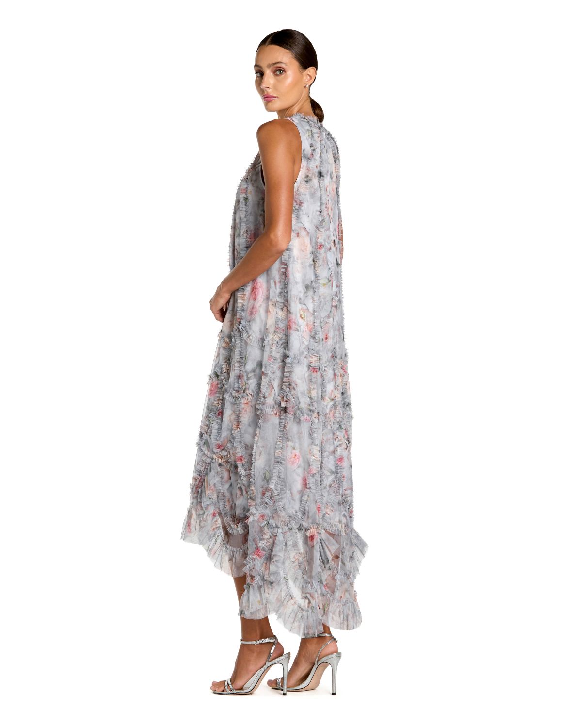 Pearl Grey High-Neck High-Low Tulle Cocktail Dress with Ruffled Floral Print Mac Duggal 8430