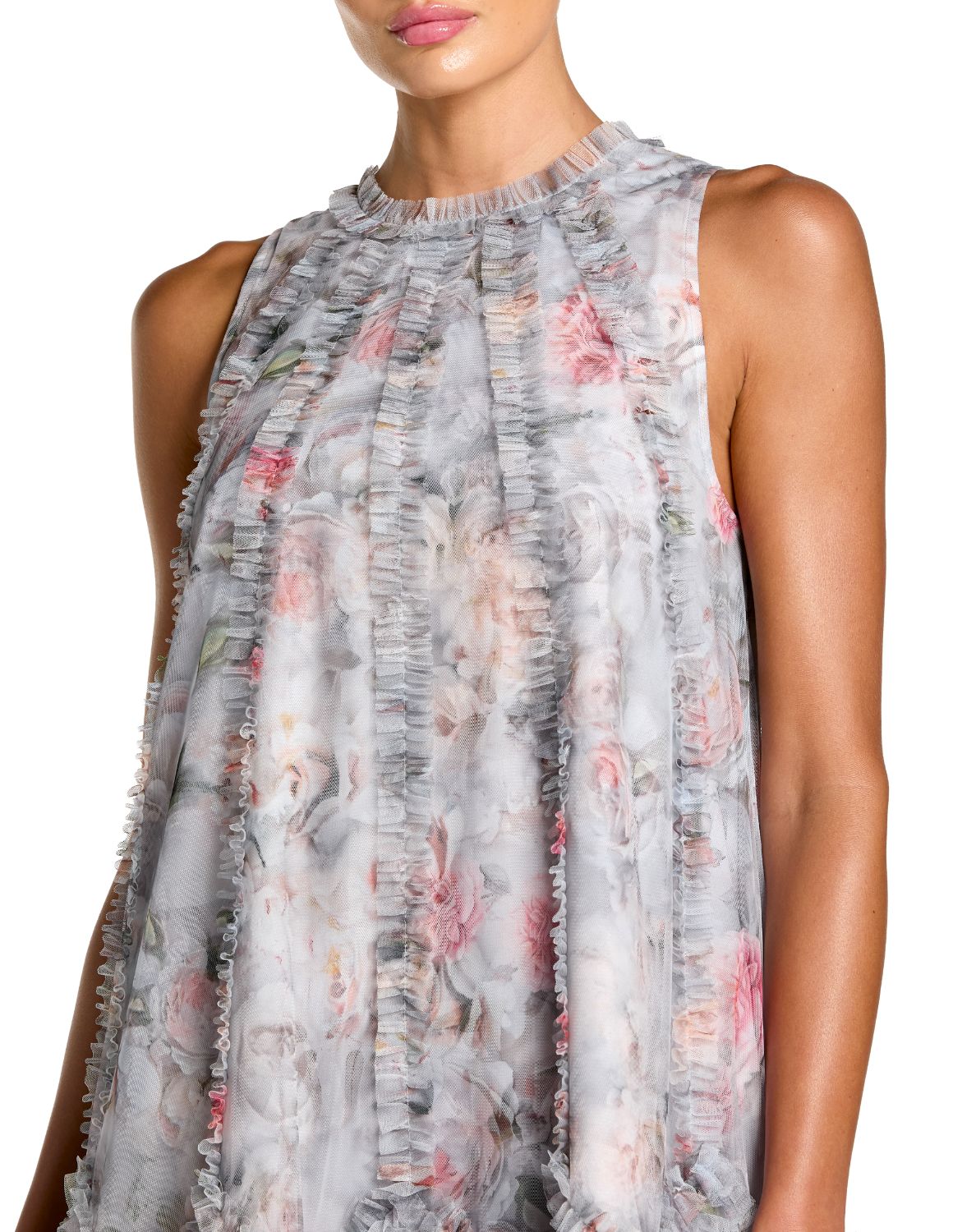 Pearl Grey High-Neck High-Low Tulle Cocktail Dress with Ruffled Floral Print Mac Duggal 8430