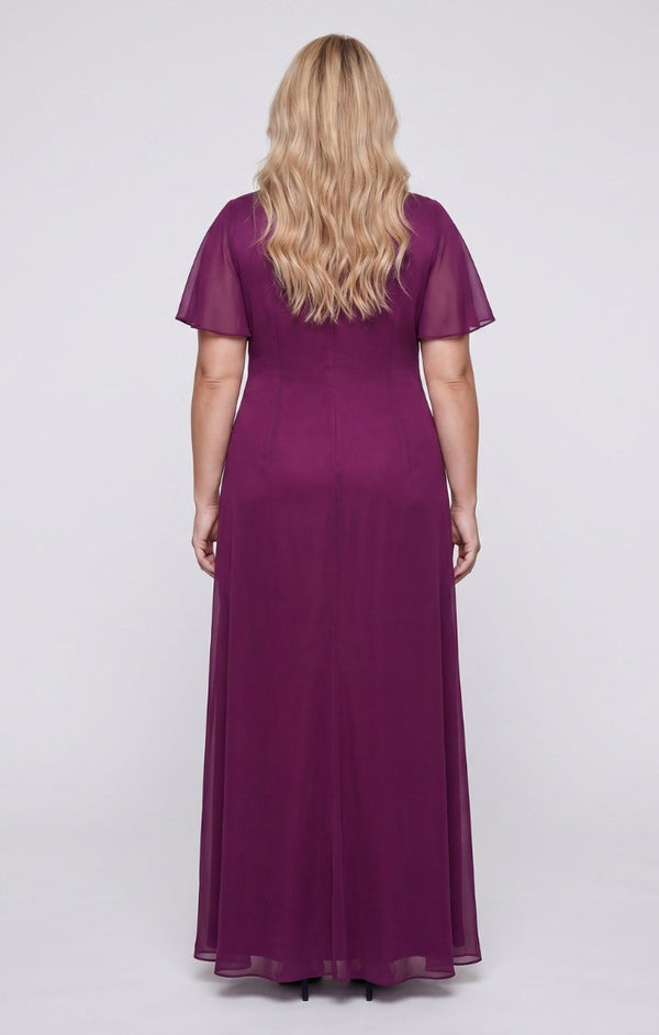 Dark Fuschia V-Neck Floor-Length Mesh Formal Dress Flutter Sleeve Alex Evenings 84321004
