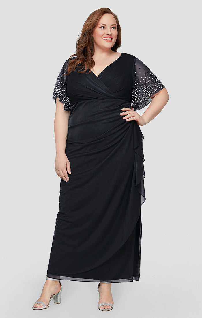 Black V-Neck Floor-Length Chiffon Mother of the Bride Dress with Beaded Sleeves Alex Evenings 84321016
