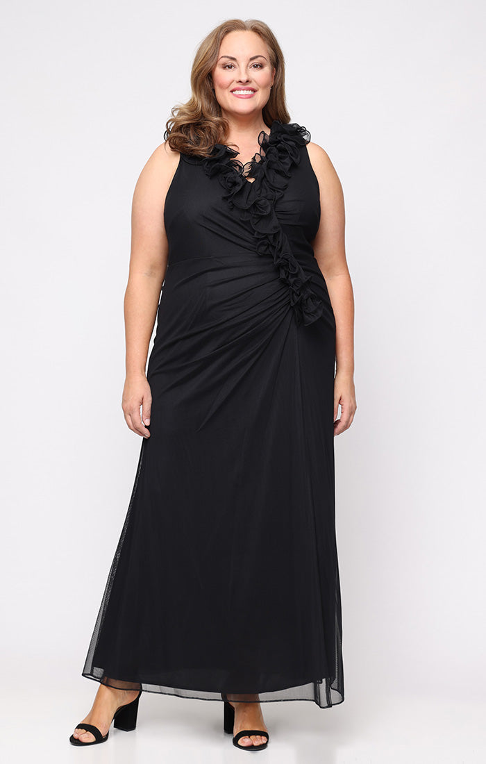 Alex Evenings Plus Long Mesh Surplice Halter Neck Dress with Ruched Waist Detail and Ruffle Neckline Black / 22W Alex Evenings Plus Long Mesh Surplice Halter Neck Dress with Ruched Waist Detail and Ruffle Neckline Black / 22W