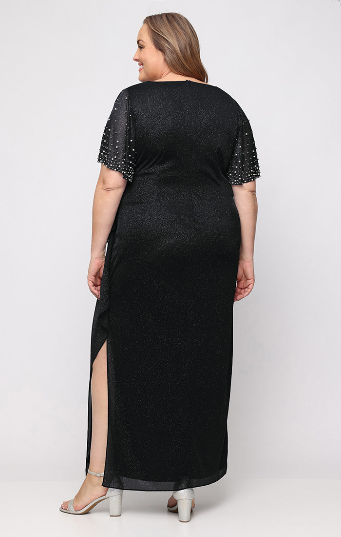 Black V-Neck Floor-Length Metallic Chiffon Formal Dress with Draped Waist Plus Size Alex Evenings 8433119