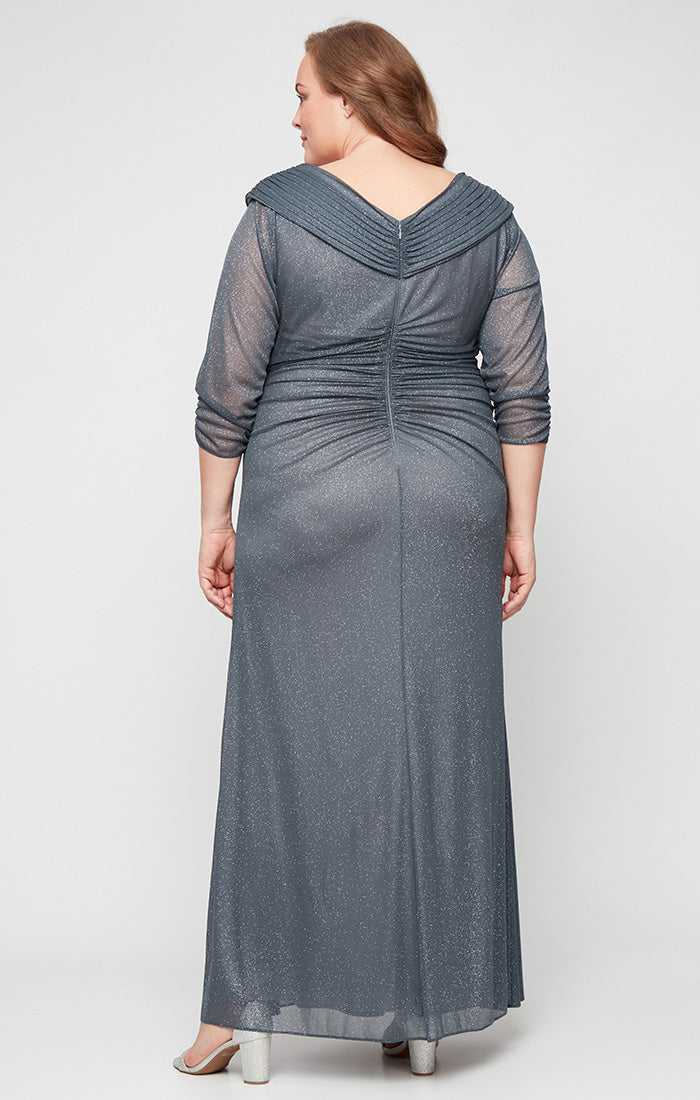 Smoke V Neck Floor Length Glitter Mesh Formal Gown with Ruched Waist Plus Size Dress Alex Evenings 8433121