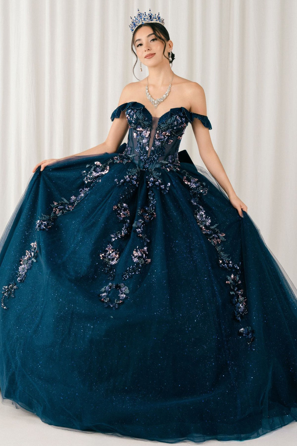 Quinceniera Dresses Long Floral Ball Gown Quinceanera Dress Cinderella Couture 8440JQ Navy