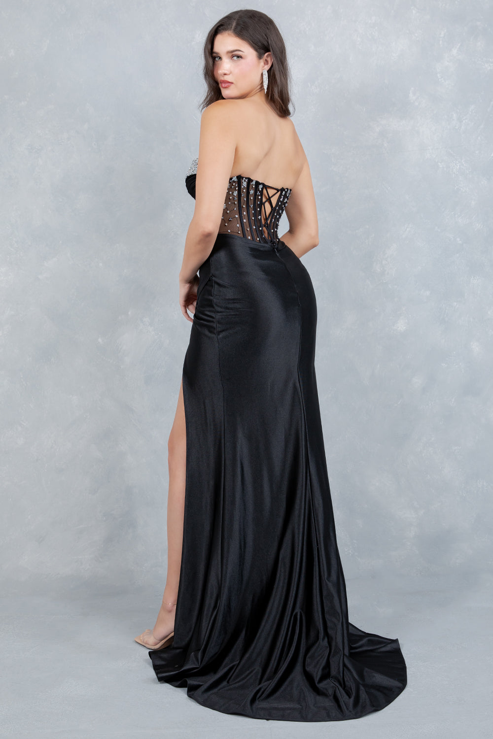 Prom Dresses Long Formal Floral Applique Pleated Prom Dress Cinderella Couture 8449J Black