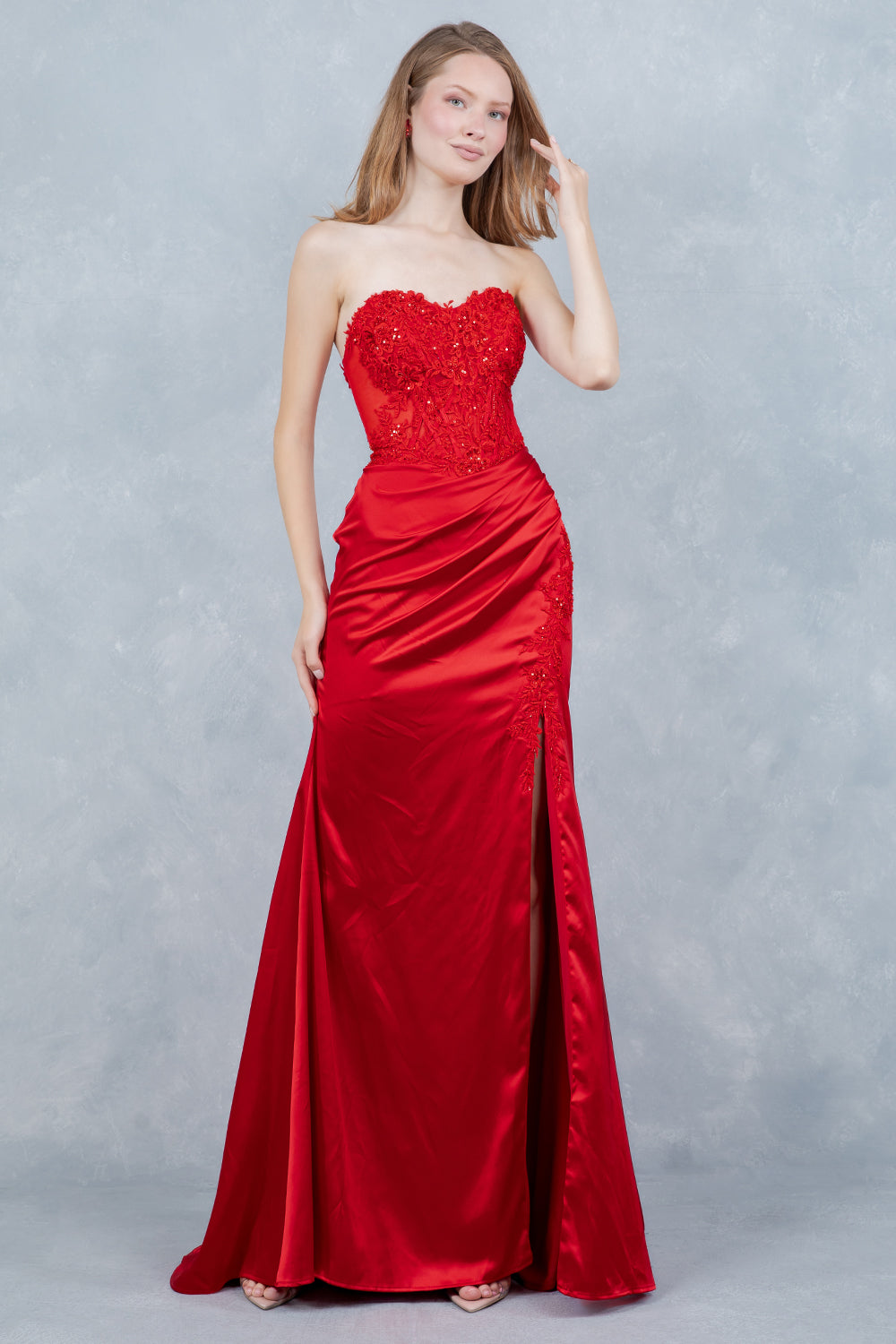 Prom Dresses Formal Long Lace Corset Fitted Prom Dress Cinderella Couture 8453J Red