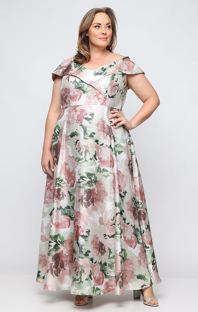 Blush Multi Portrait-Neck Floor-Length Floral Jacquard Formal A-Line Gown with Cap Sleeves Plus Size Alex Evenings 8455319