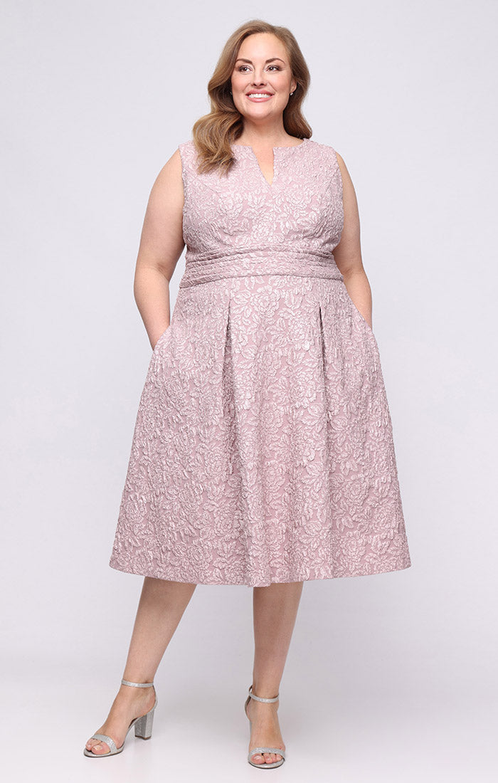 Blush Jewel Tea-Length Lace Formal Dress with Waist Detail Plus Size Alex Evenings 8457050