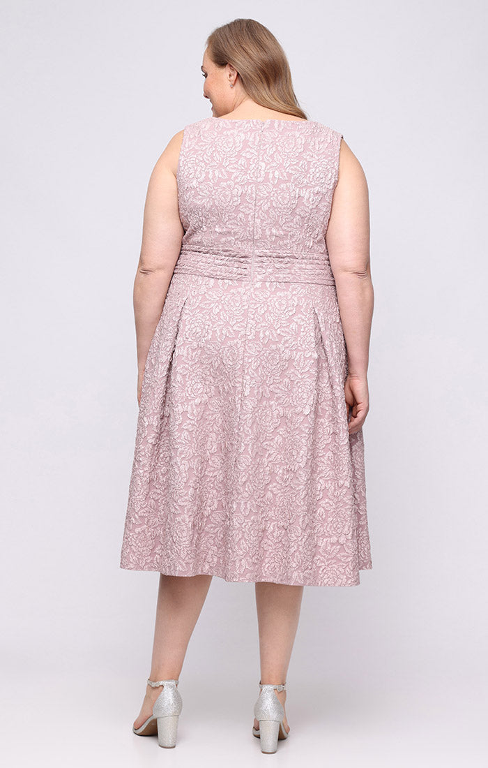 Blush Jewel Tea-Length Lace Formal Dress with Waist Detail Plus Size Alex Evenings 8457050
