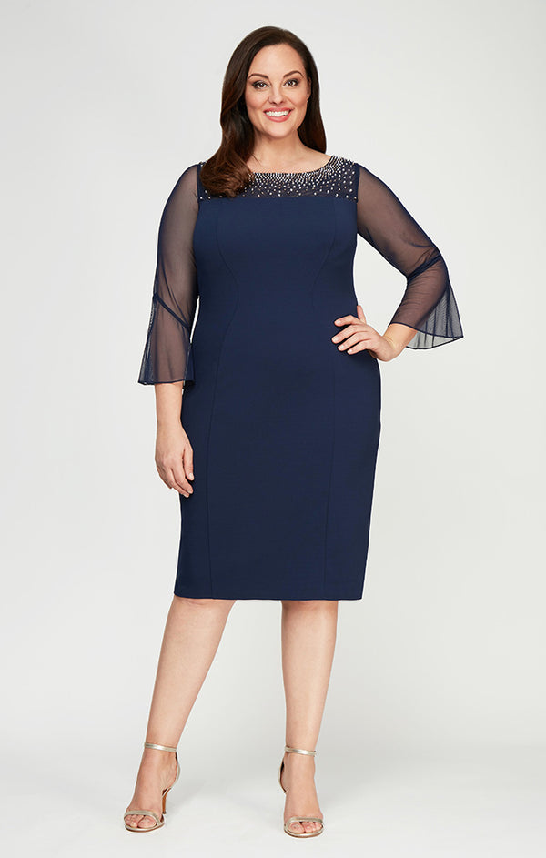 Navy Silver Bateau Knee-Length Crepe Formal Dress with Beaded Illusion Flare Sleeves Alex Evenings 8460208